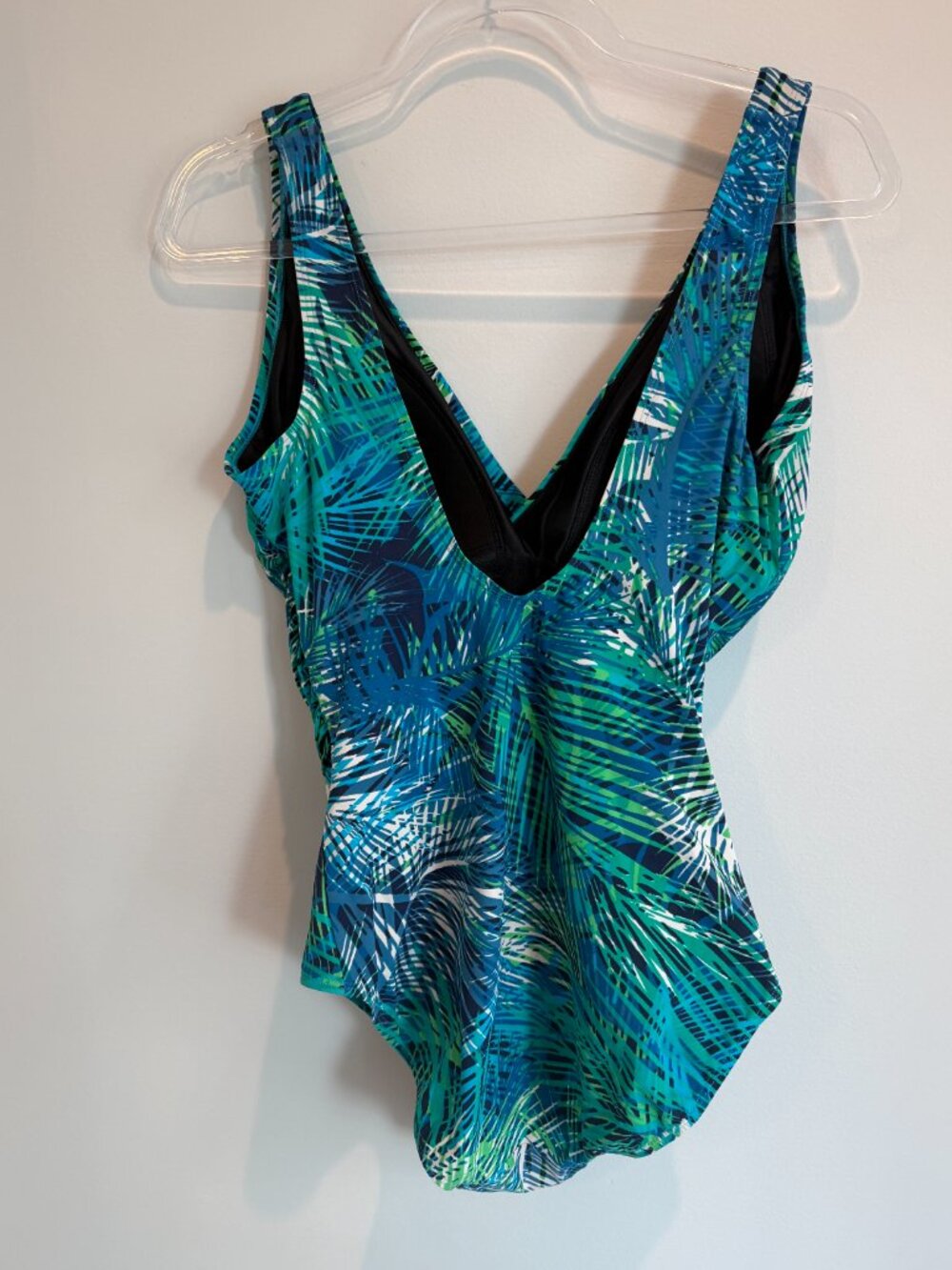 L.L. Bean Slimming One-Piece Swimsuit Tropical Palm Print Blue Green Size 12 EUC - Picture 2 of 4